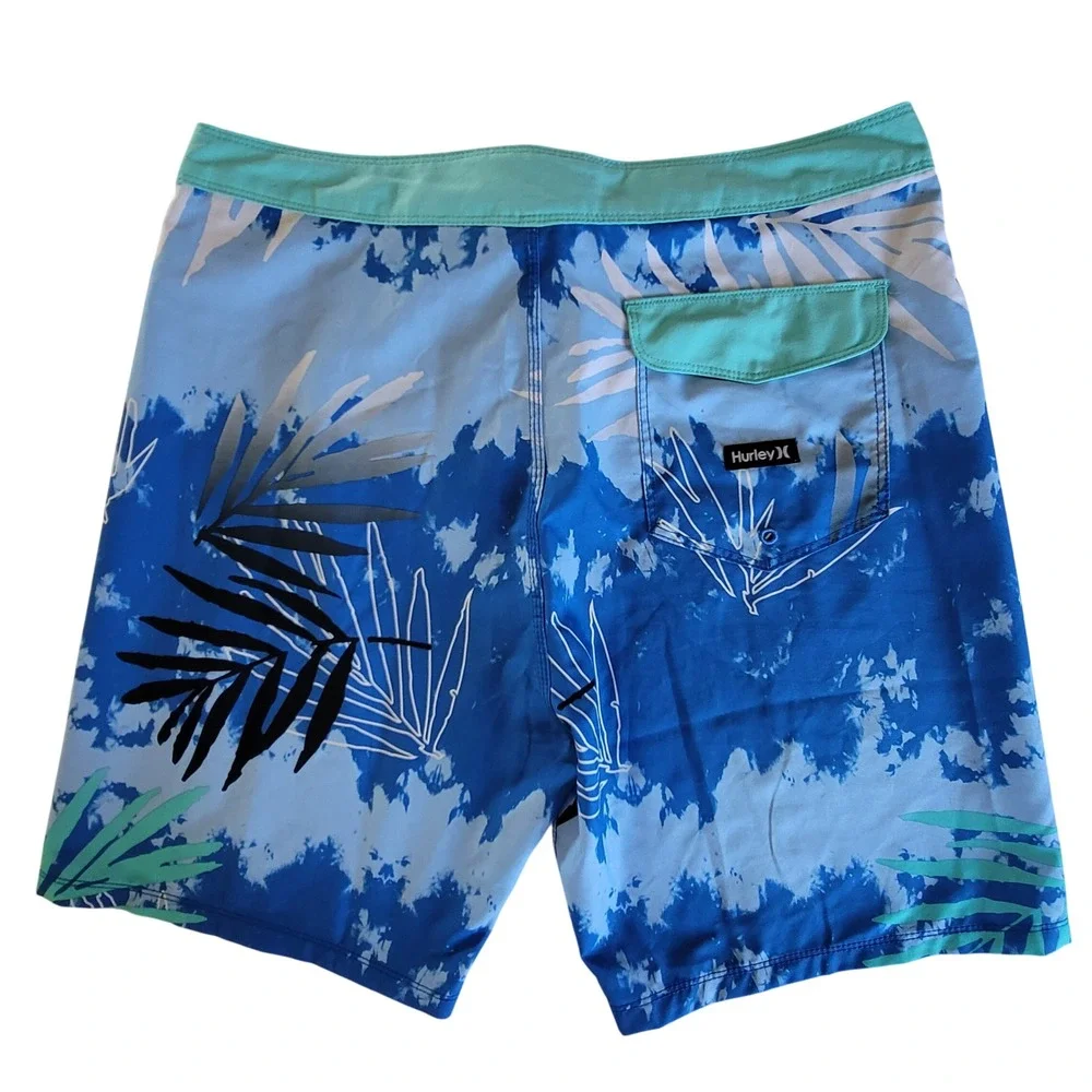 Hurley Board‎ Shorts Mens 34 Blue Tie Dye Tropical Palm Leaf Swim Trunks Surf
